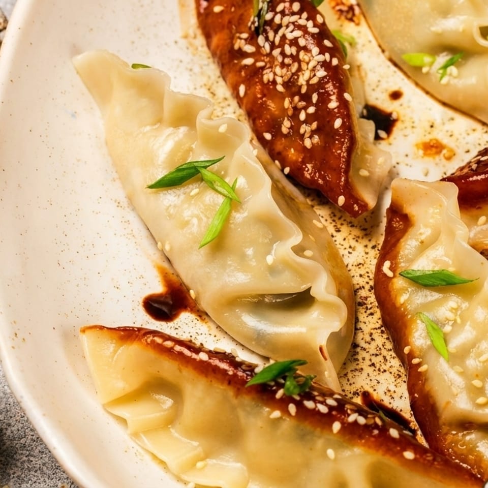 Pan-fried and steamed dumplings with soy sauce, sesame seeds, and green onions on a white plate.