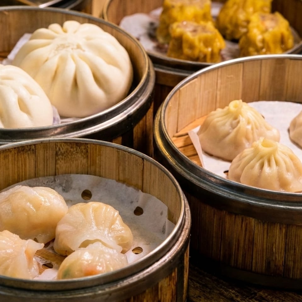 Assortment of steamed dumplings and buns in bamboo baskets on a wooden table.