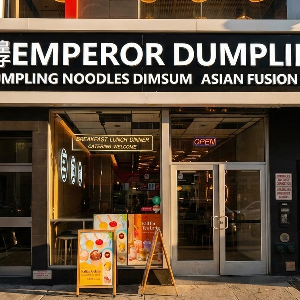 Emperor Dumpling restaurant exterior with a black sign, glass doors, and menu boards on the sidewalk.