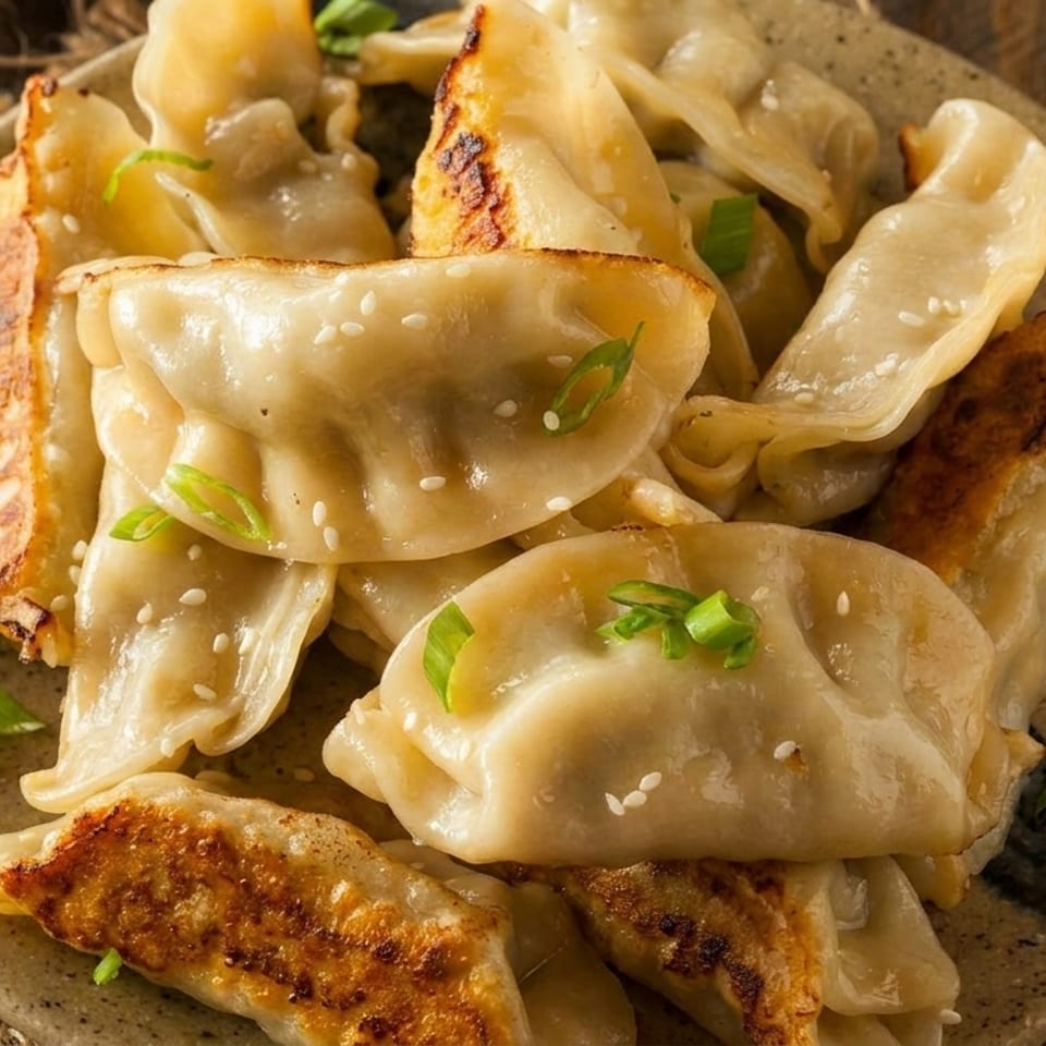 A plate of golden-brown pan-fried dumplings, garnished with sesame seeds and chopped green onions.