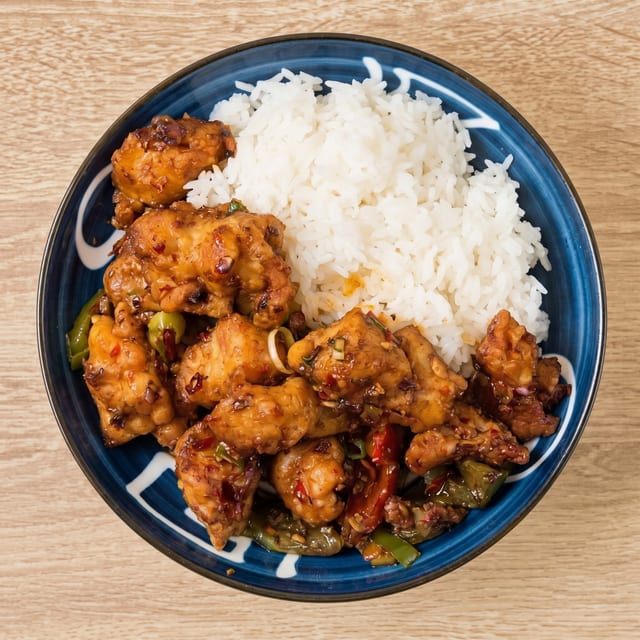 Mala Spicy Chicken Over Rice.